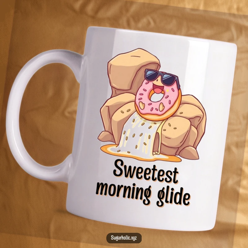 Funny donut wearing sunglasses joyfully sliding down a caramel waterfall on a mug, capturing extreme happiness and sweet delight.