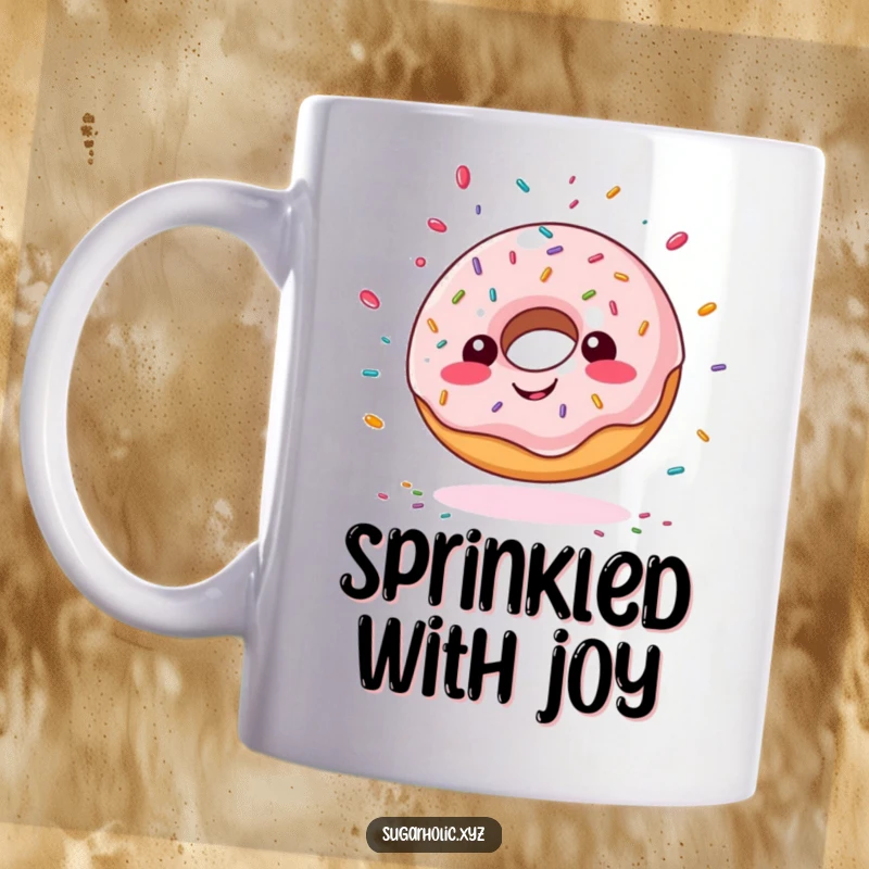 Funny giddy doughnut mug, with sprinkles flying wildly, perfect for humorous breakfast enjoyment and as a gift.