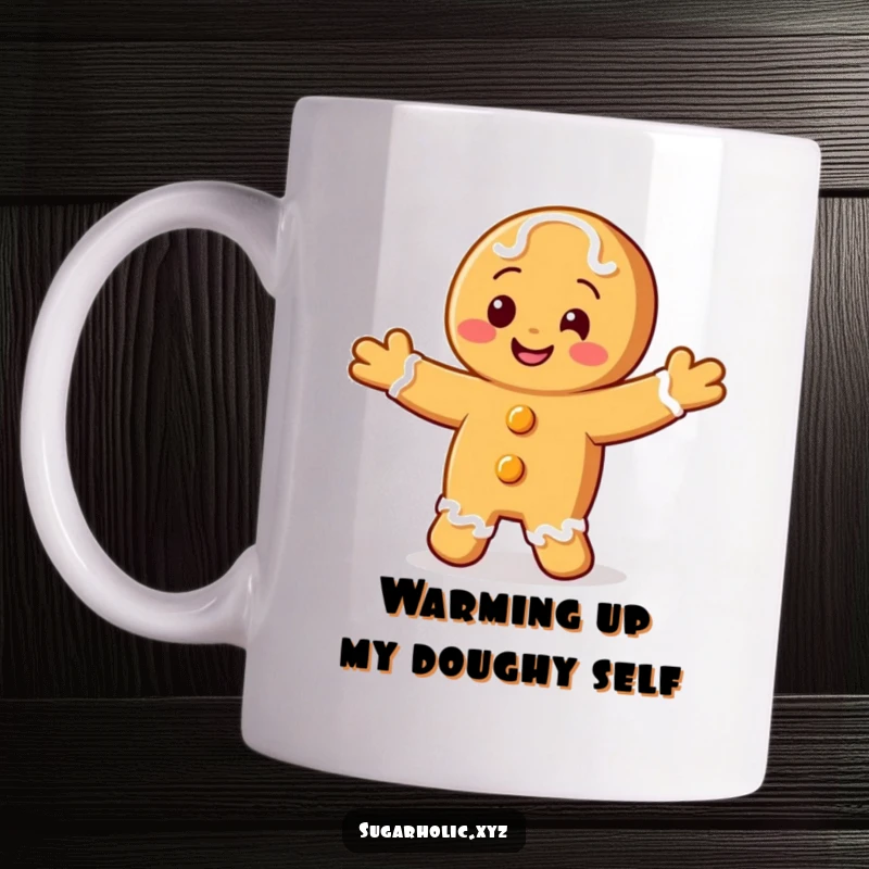 Funny mug featuring a smiling gingerbread cookie character happily doing a jig.