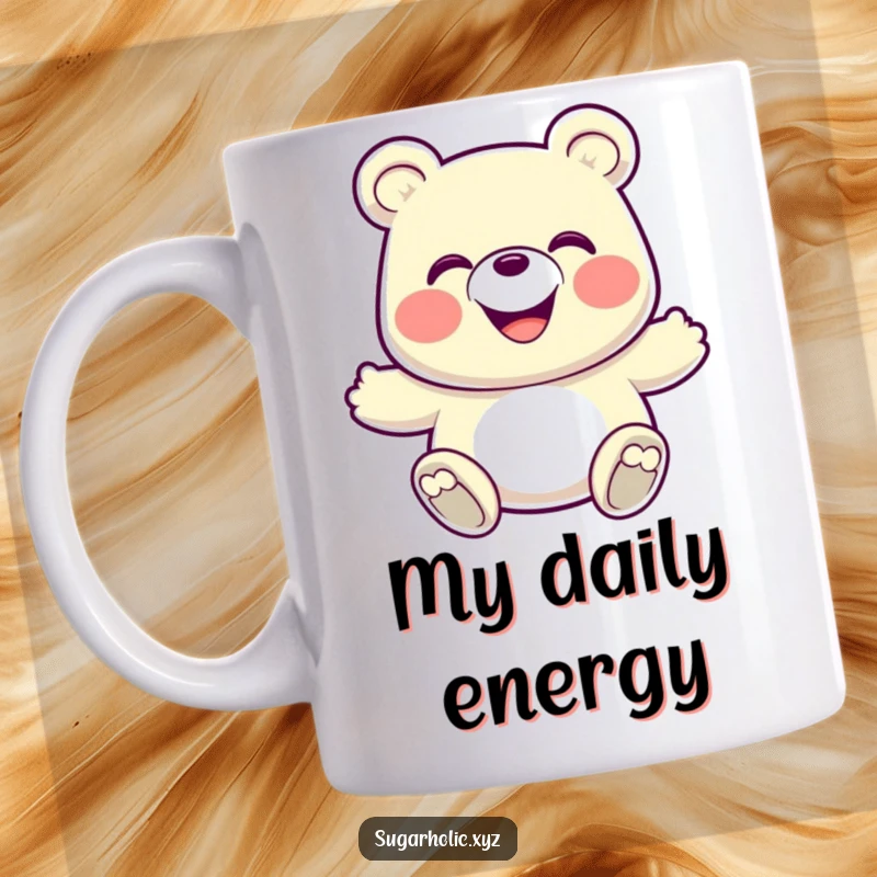 Funny Mug: A grinning gummy bear in an energetic bounce, radiating happiness and playful energy.