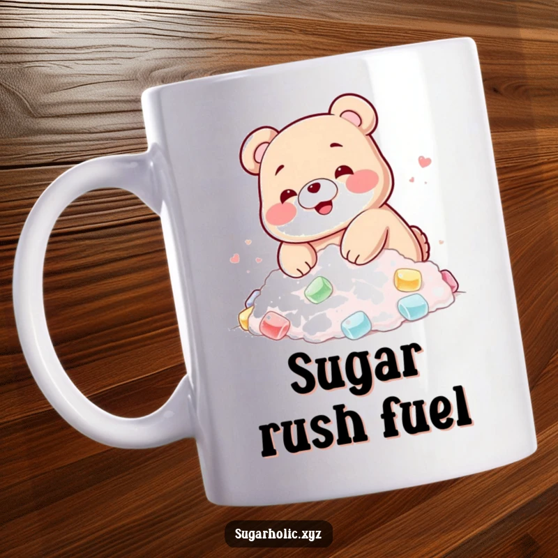Funny mug featuring a blushing gummy bear happily diving into a pile of sugar, embodying sweet indulgence.