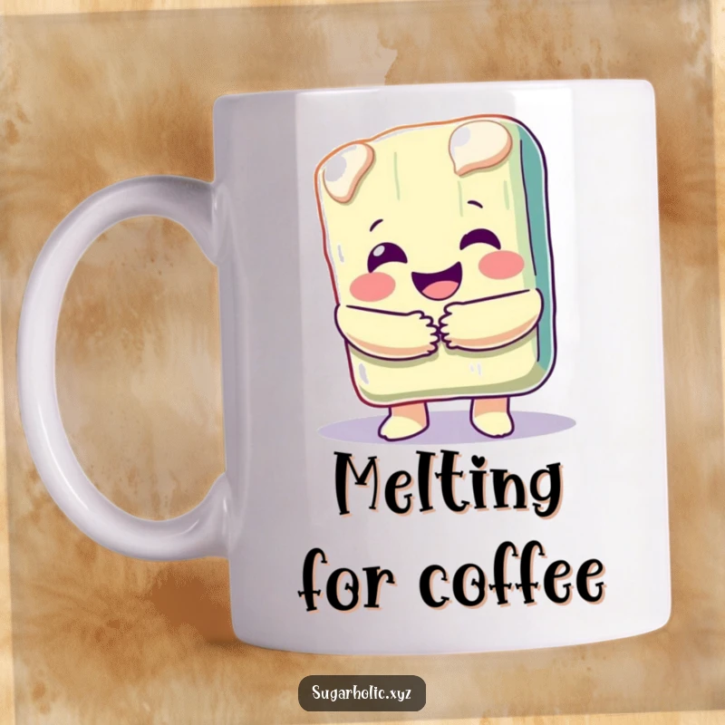 Funny mug featuring a happy, melting candy bar character giving a warm, generous hug, symbolizing sweet affection.