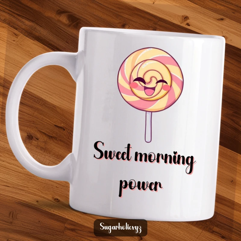 Funny mug featuring a beaming lollipop character giving a confident wink, radiating sweetness and playful charm, perfect for a delightful sip.