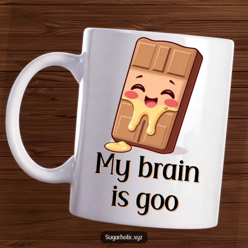 Funny melting chocolate bar mug, giggling with delight as it starts to melt, perfect for a humorous gift.