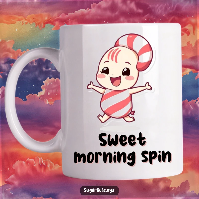 Funny grinning candy cane character doing a playful spin on a ceramic mug, symbolizing festive joy.