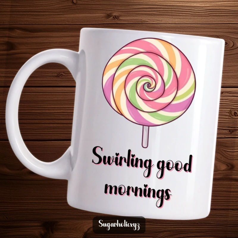 Funny lollipop mug with a swirling pattern, spinning with excitement, vibrant and energetic, perfect funny gift.