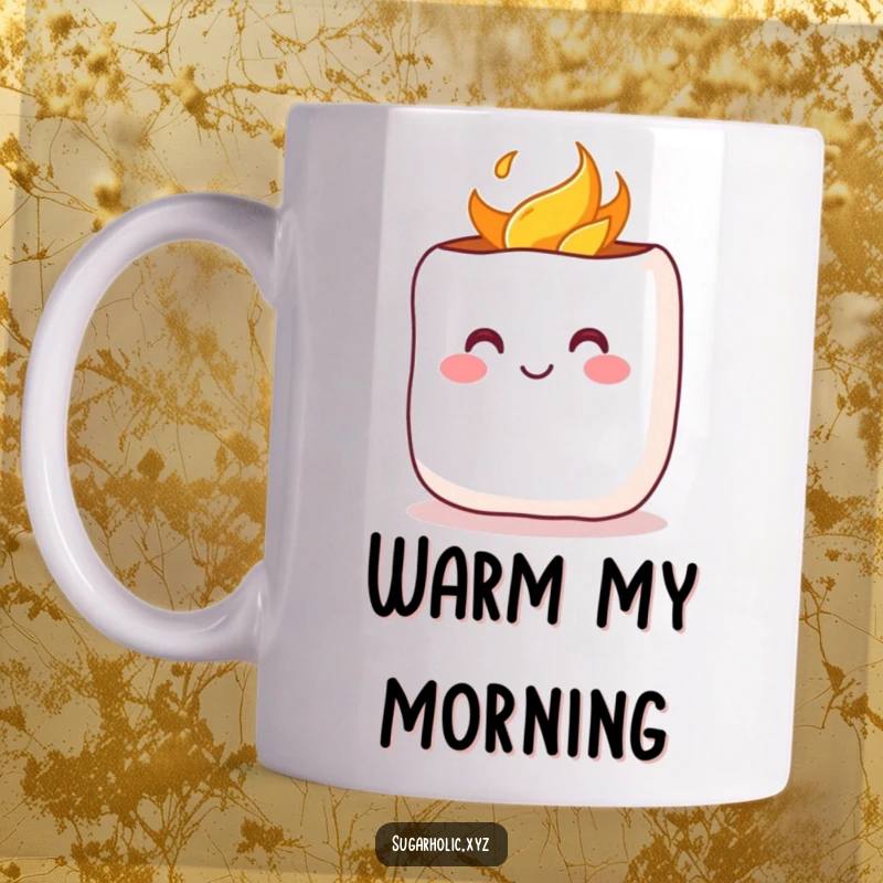 Funny Mug: A cheerful marshmallow with a rosy blush being toasted, exuding warmth and a cute, happy vibe.