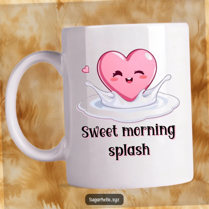 Funny mug depicting a winking candy heart splashing playfully in a pool of sugar, celebrating sweetness.