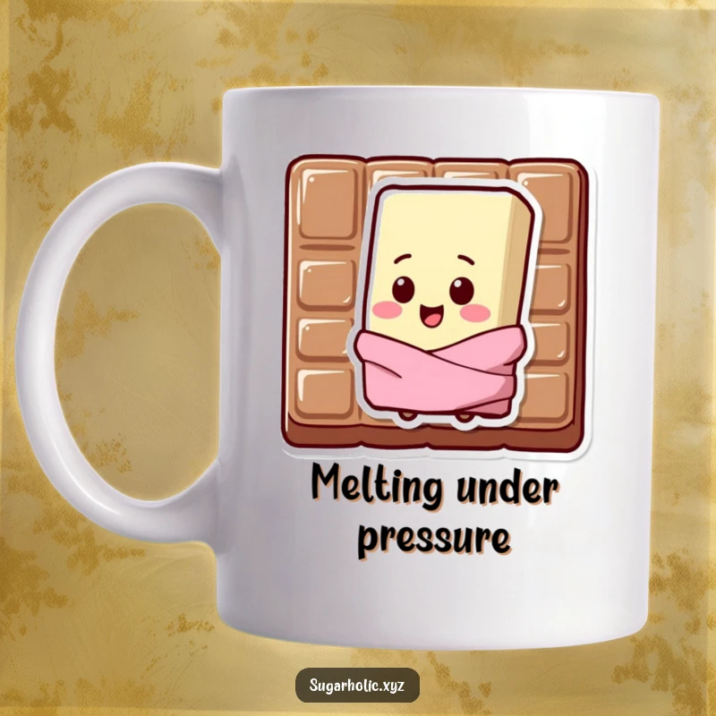 Funny Mug featuring a sweating chocolate bar character with a happy chip on its shoulder.