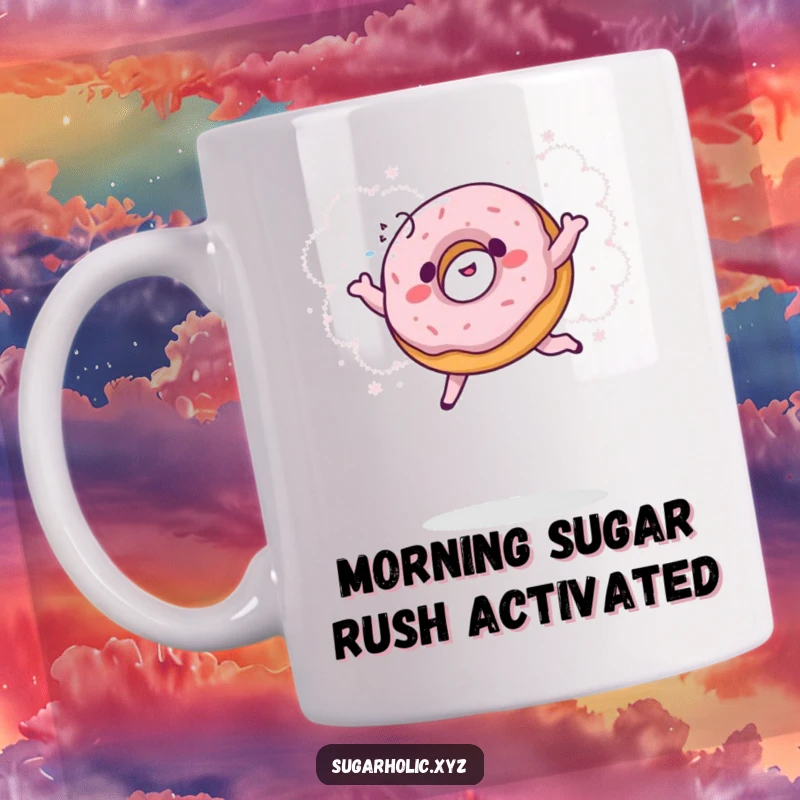 Funny donut mug featuring a giggling donut mid-air, leaping joyfully into a cloud of powdered sugar, a perfect funny gift.