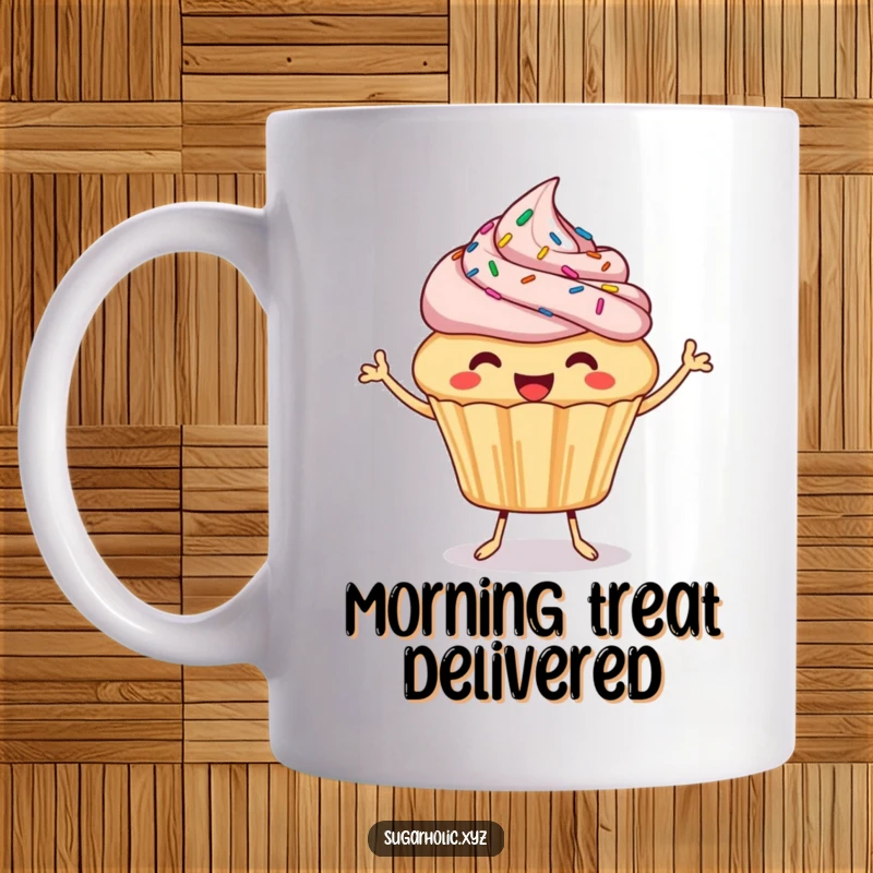 Funny Cupcake Mug: A happy, sprinkled cupcake bounces and offers a bite, bringing joyful humor with every sip.