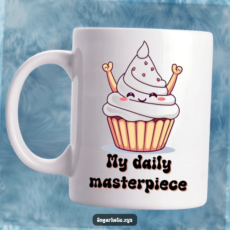 Funny mug featuring a triumphant cupcake with a proud smile offering a mountain of sugar, symbolizing success.