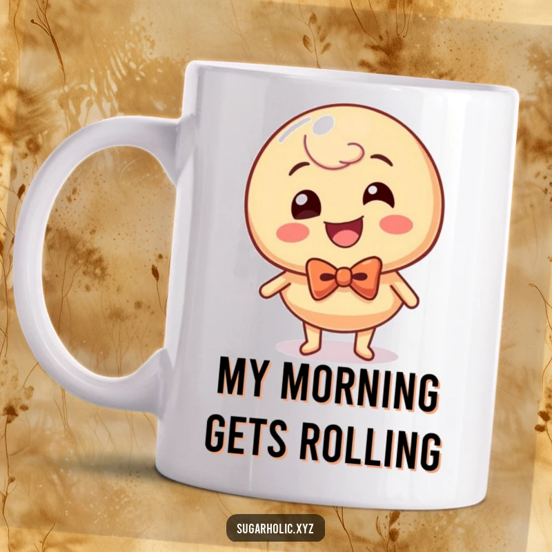 Funny caramel candy character in a bow tie giggling uncontrollably while rolling with pure glee on a mug.