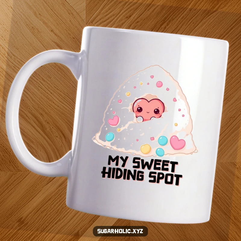 Funny mug featuring a shy candy heart character cautiously peeking from behind a large pile of sugar, conveying sweet introversion.