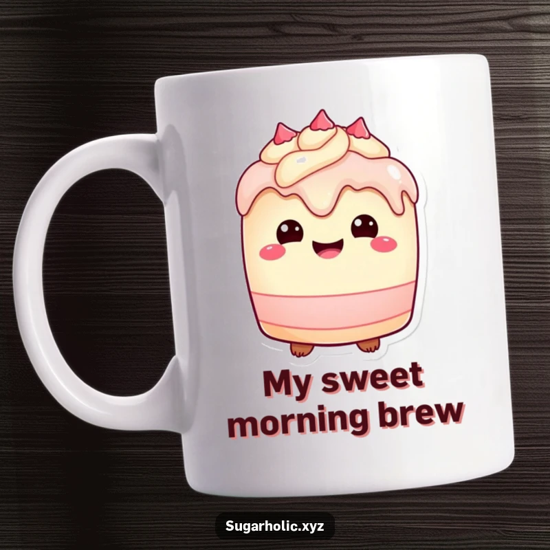 Funny Mug: A plump, happy cake character with frosting drips, expressing pure delight and sweetness.