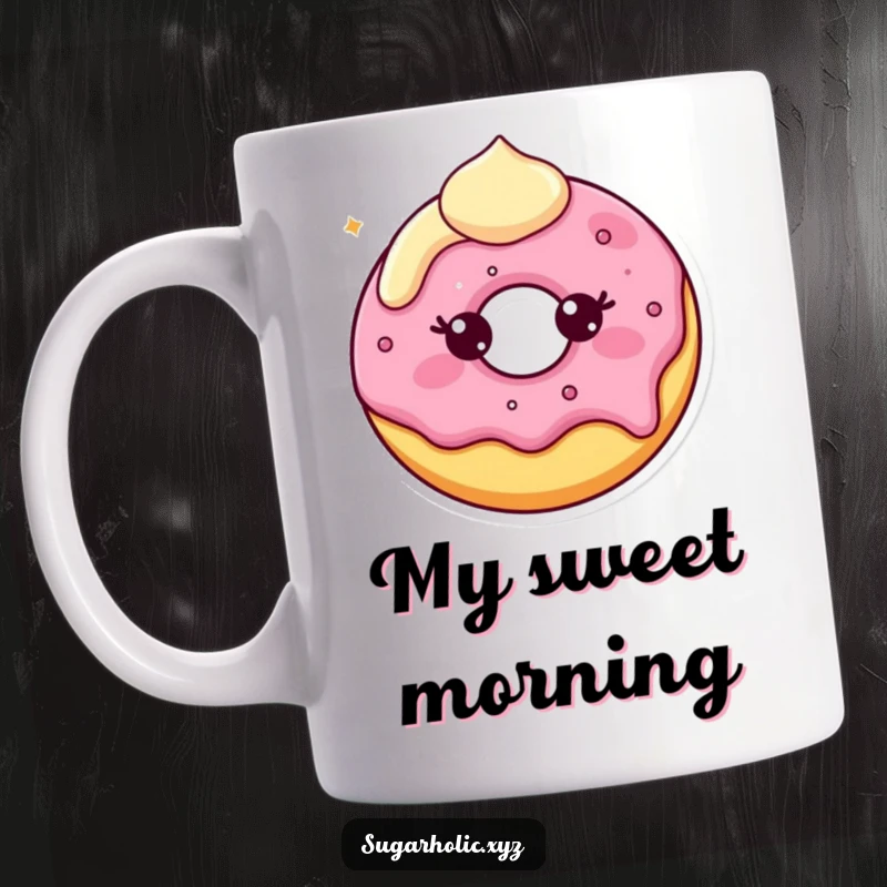 Funny Mug showing a beaming donut character with frosting slightly melting, radiating pure, sweet, and slightly messy joy.