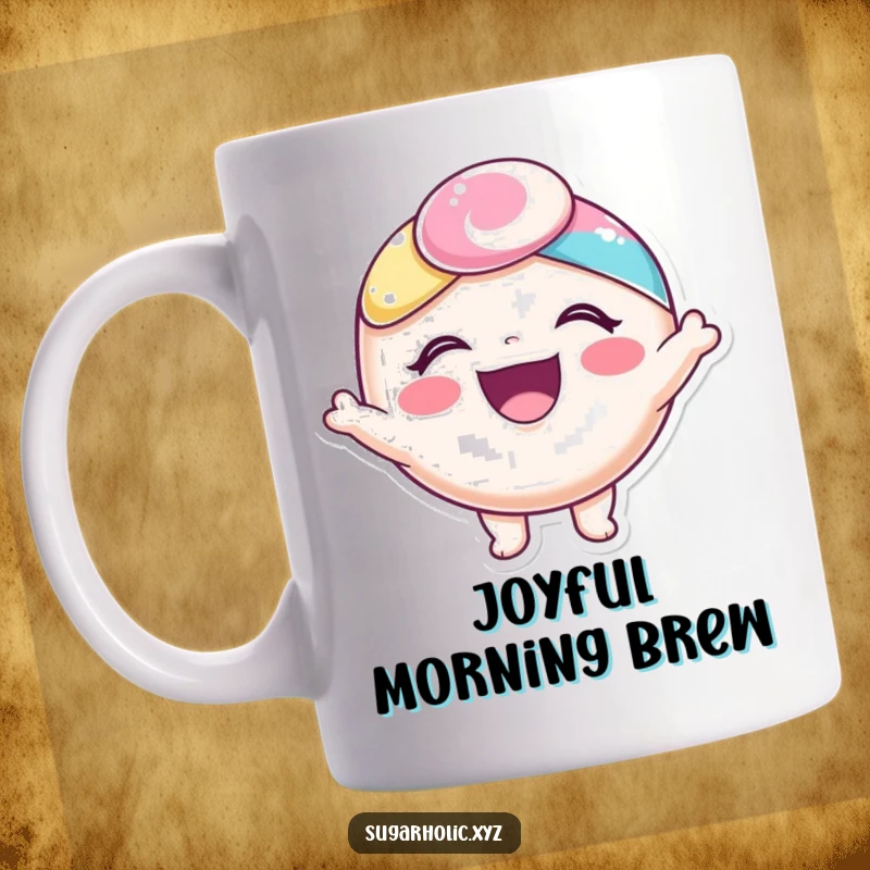 Funny mug featuring an ecstatic candy character radiating pure, unadulterated joy with a wide, delighted expression.