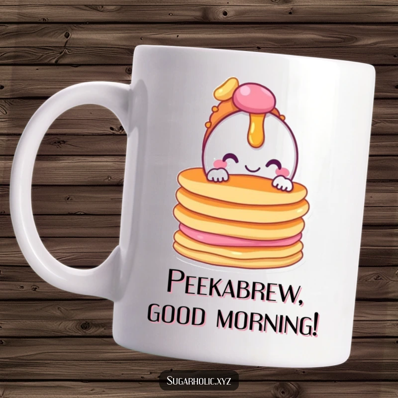 Funny mug featuring a smiling candy character peeking mischievously from behind a tall stack of golden pancakes.