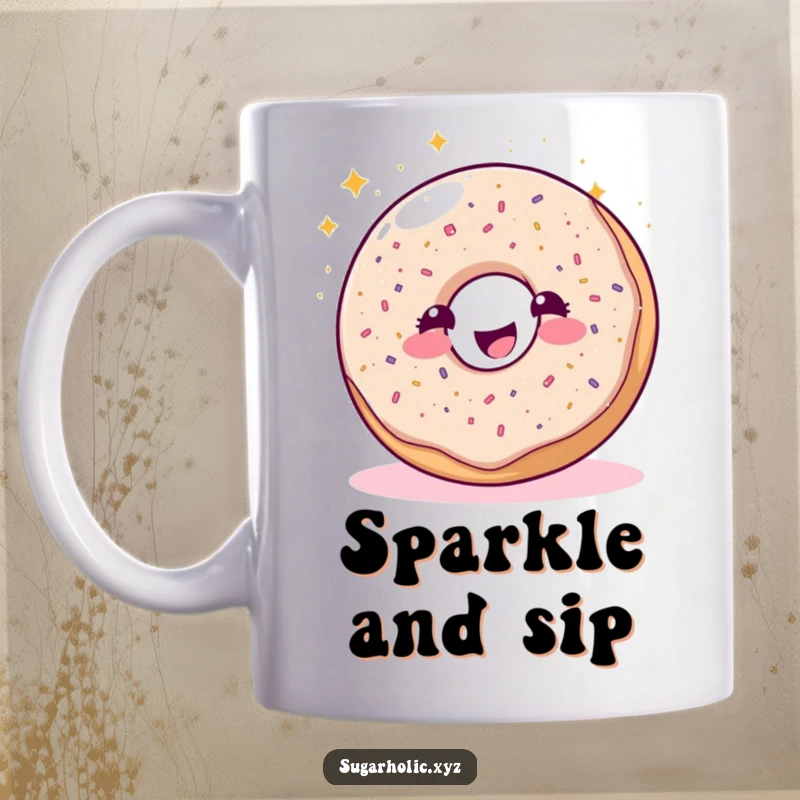 Funny sparkling donut character joyfully sprinkling glitter on a ceramic mug, symbolizing sweet delight.