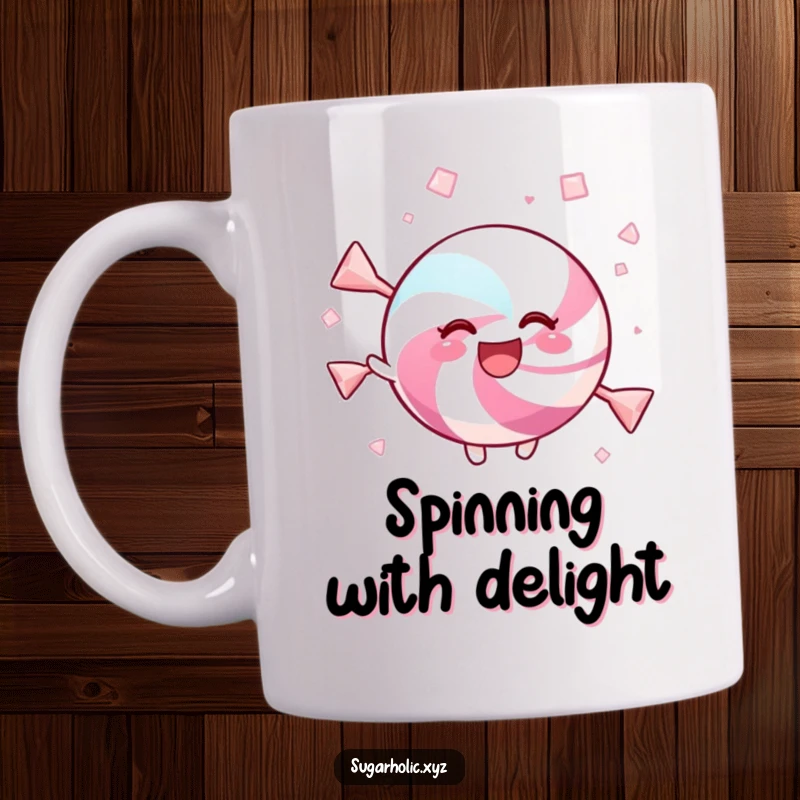 Funny mug depicting a delighted piece of candy joyfully twirling in sweet crystals, celebrating happiness.