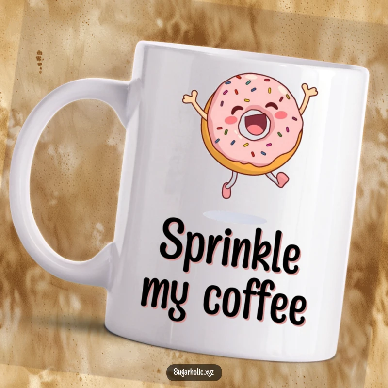 Funny jumping donut mug with sprinkles, captured mid-leap in ecstatic joy, a delightful and humorous treat for any coffee or tea lover.