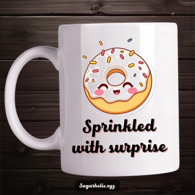 Funny mug featuring a surprised donut character winking playfully amidst a cascade of colorful sprinkles, expressing delight.