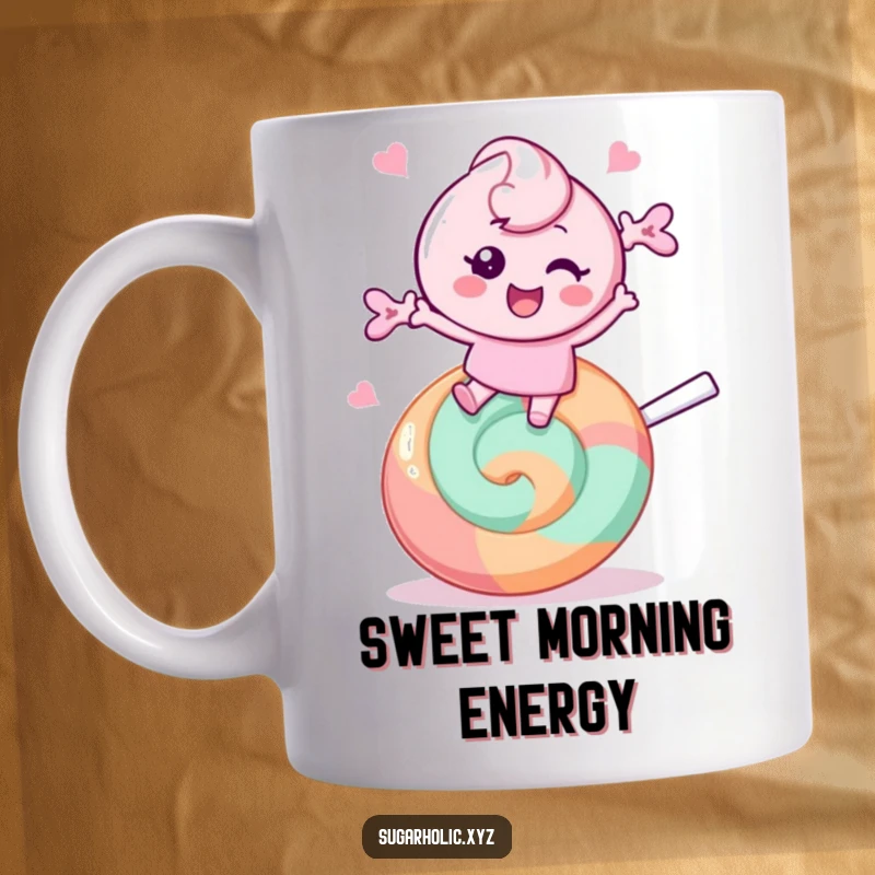 Funny Mug: Cheerful candy character playfully bounces high on a giant, colorful lollipop.