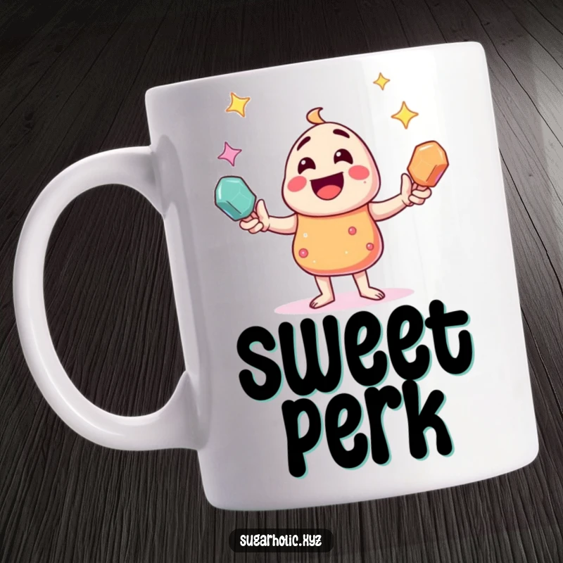 Funny, joyful candy character expertly juggling three sparkling rock candies, depicted on a humorous coffee mug.