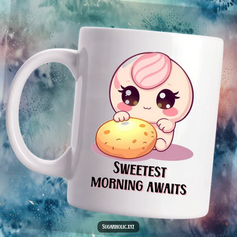 Funny candy character with sparkling eyes, stretching towards a delicious, glowing cookie, capturing pure desire.