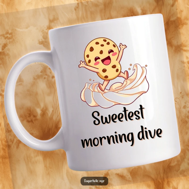 Funny Mug showing a delighted cookie character joyfully leaping into a creamy swirl of frosting, capturing pure dessert bliss.