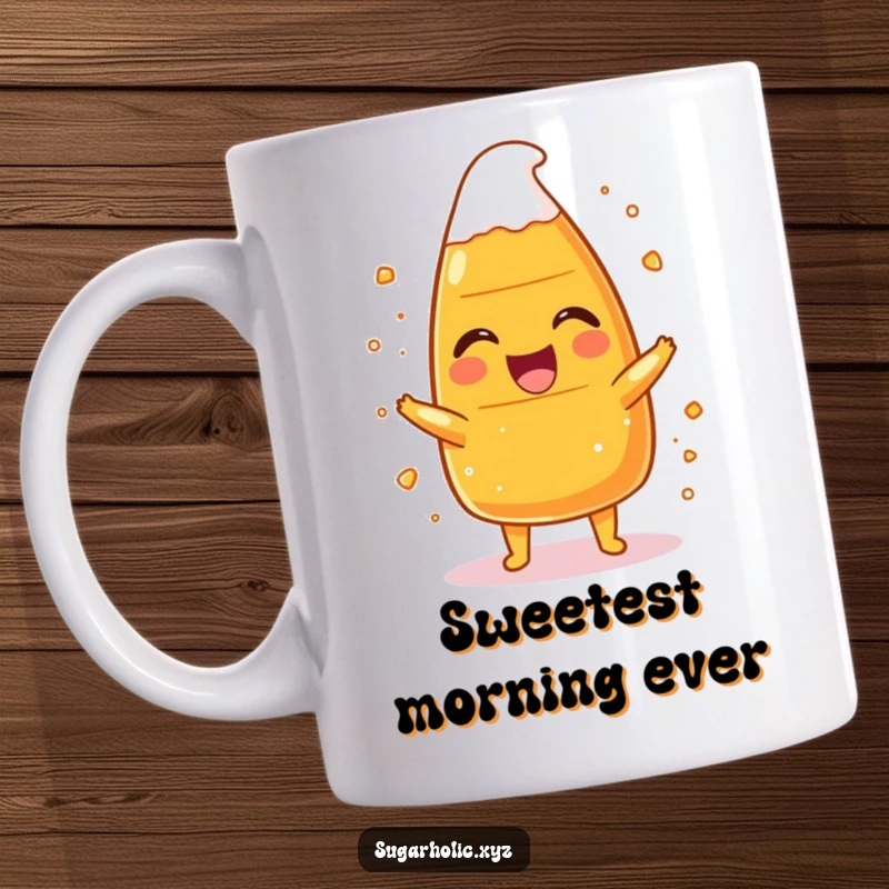 Funny candy corn character joyfully laughing while covered in sparkling sugar dust, perfect for a humorous mug.