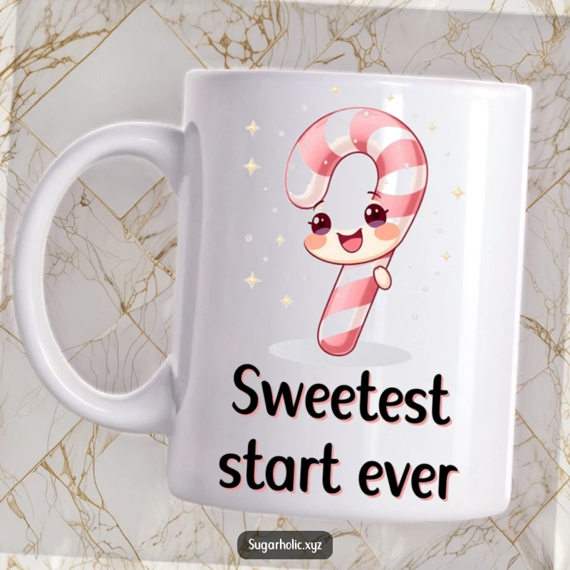 Funny mug featuring a cheerful candy cane showering itself with sparkling sugar, embodying holiday joy.