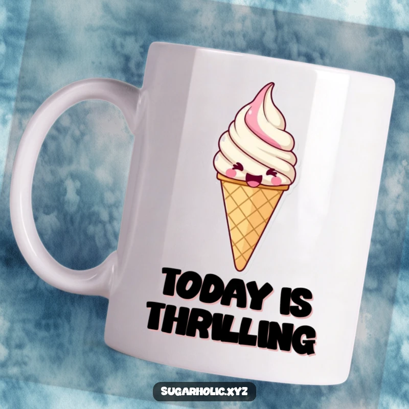 Funny jubilant ice cream cone mug with a swirling design showing pure excitement and happiness, a delightful treat for any beverage.