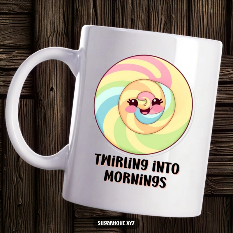Funny mug featuring a delighted candy swirl with a playful smile, radiating pure happiness.