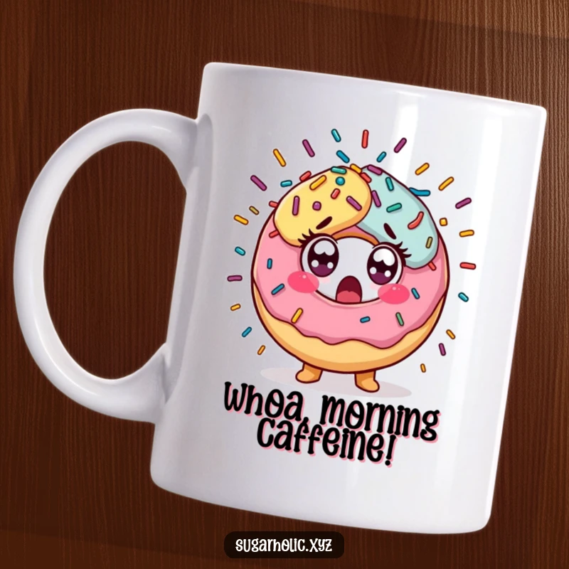 Funny Mug featuring a surprised donut character with wide eyes amidst an explosion of colorful sprinkles, expressing delightful shock.