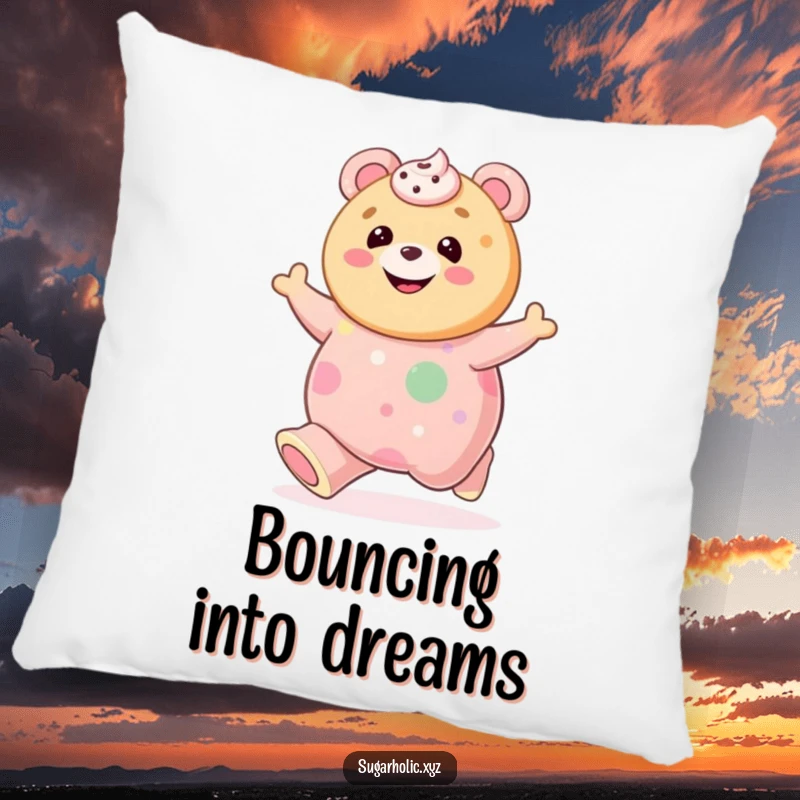 Funny cookie with frosting smile bouncing on a giant gummy bear on a pillow, offering a soft and humorous decorative touch.
