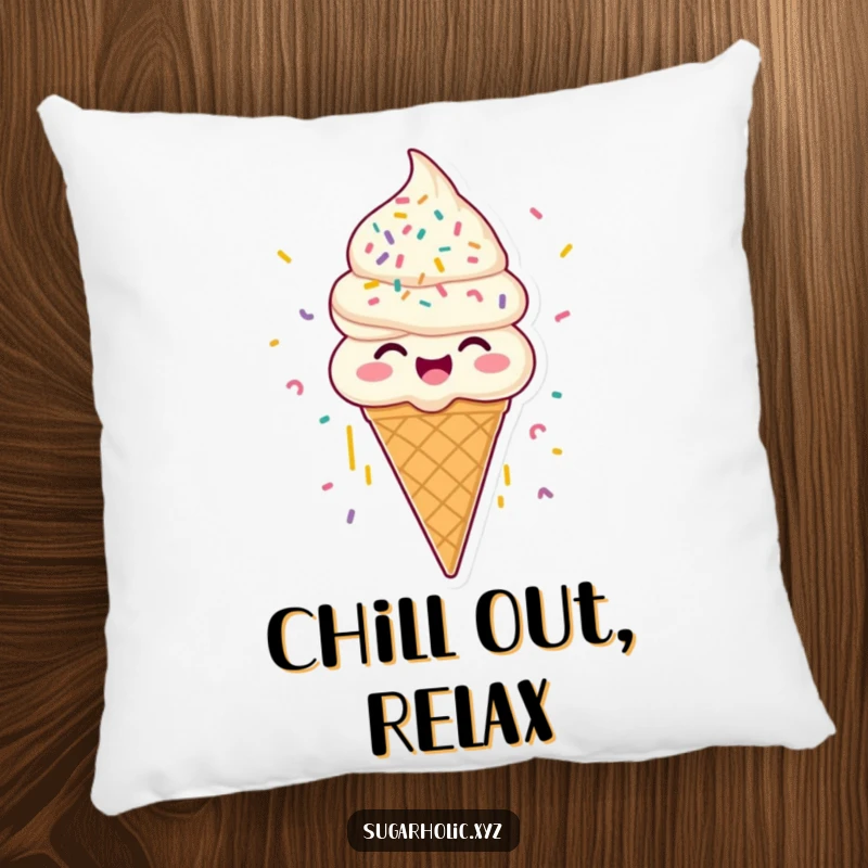 Funny joyous ice cream cone pillow, with sprinkles raining down, providing humorous and comfortable decorative accents for gifts.