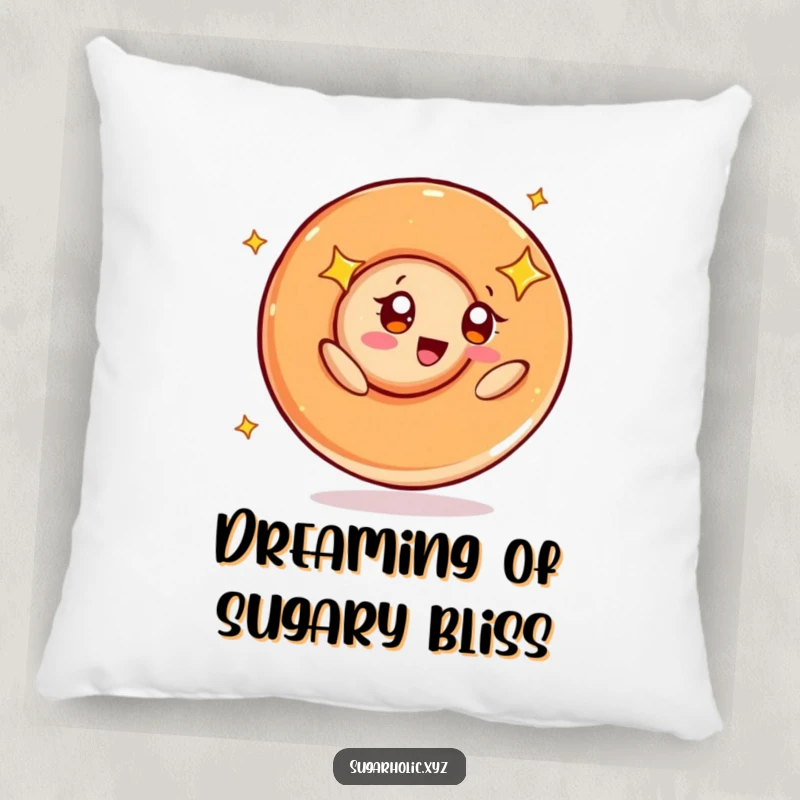 Funny pillow with a plush caramel swirl character radiating happiness, its eyes wide and sparkling as it spins.