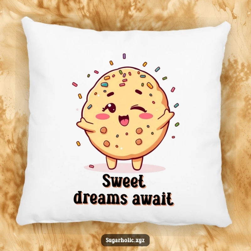 Funny winking cookie character showering sprinkles, a soft and humorous pillow for cozying up.