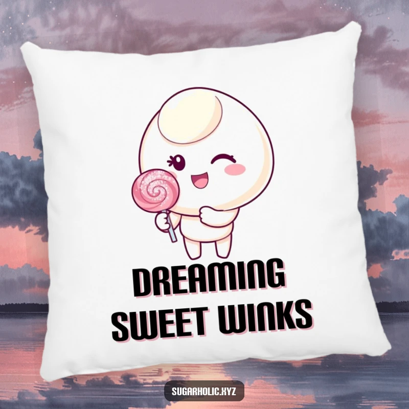 Funny pillow with a cheerful candy character winking and holding a glittering lollipop, offering sweet comfort.
