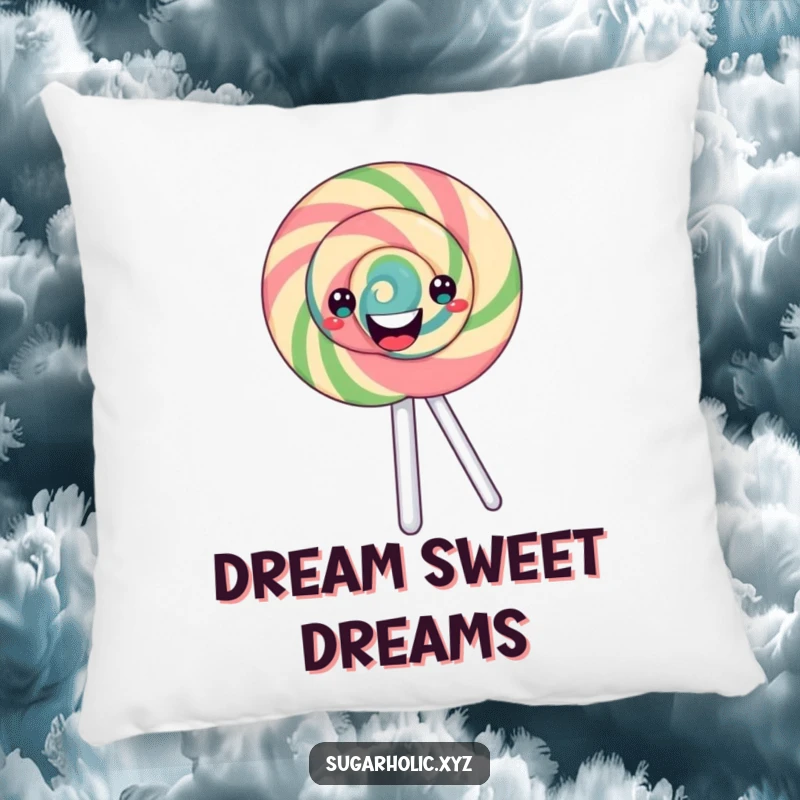 Funny Pillow: A happy lollipop with a swirling pattern spinning, offering sweet comfort and a cheerful decorative touch.