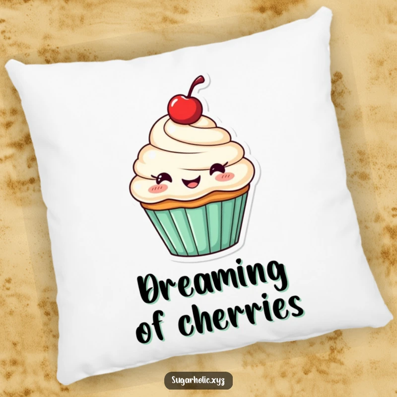 Funny pillow displaying a cheerful cupcake with a cherry, in a pose of happy cheering.