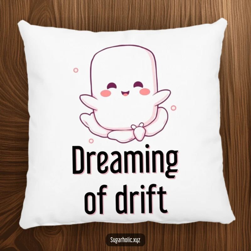 Funny pillow featuring a smiling marshmallow character floating serenely on a sugary breeze, offering a touch of sweet comfort and whimsical charm.
