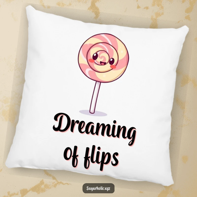 Funny giggling lollipop with a swirl pattern doing a cartwheel on a pillow, offering a soft and humorous decorative touch.
