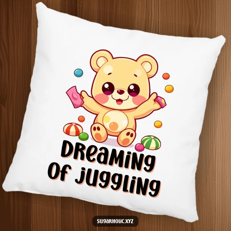 Funny pillow featuring a beaming gummy bear with large eyes, juggling colorful candies in a whimsical and fun design.