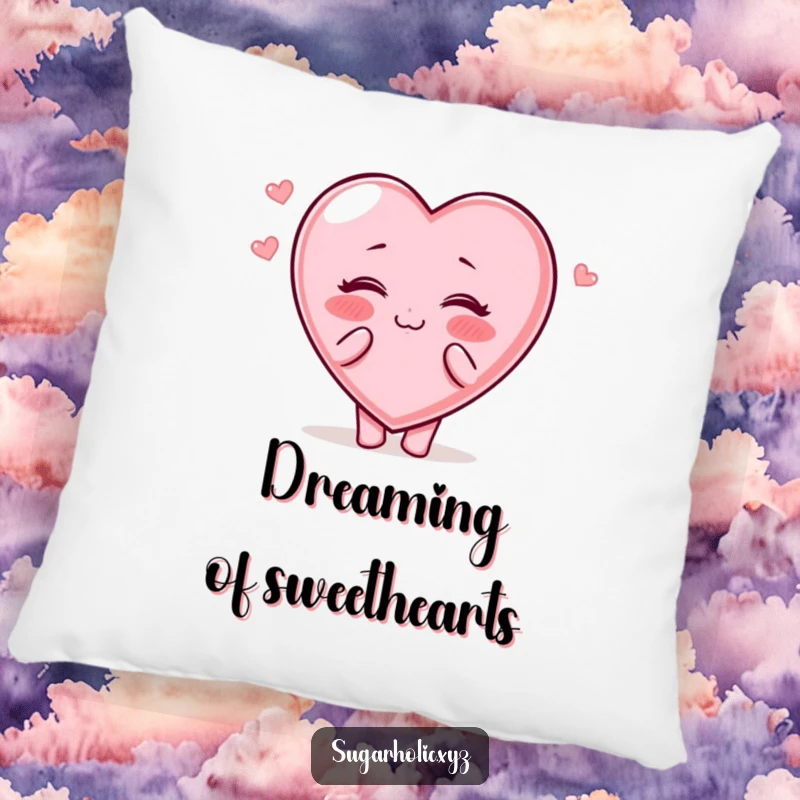 Funny Pillow: Candy heart character with rosy cheeks blows kisses, perfect for comfort and decor.