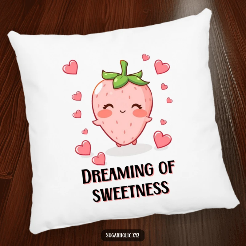 Funny blushing strawberry character fluttering tiny heart-shaped candies, perfect for a cozy and cute pillow.