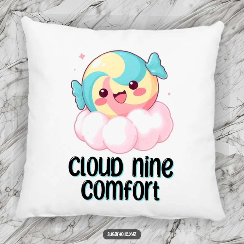 Funny delighted candy pillow, floating on a sugar cloud, providing humorous and comfortable decorative accents for gifts.