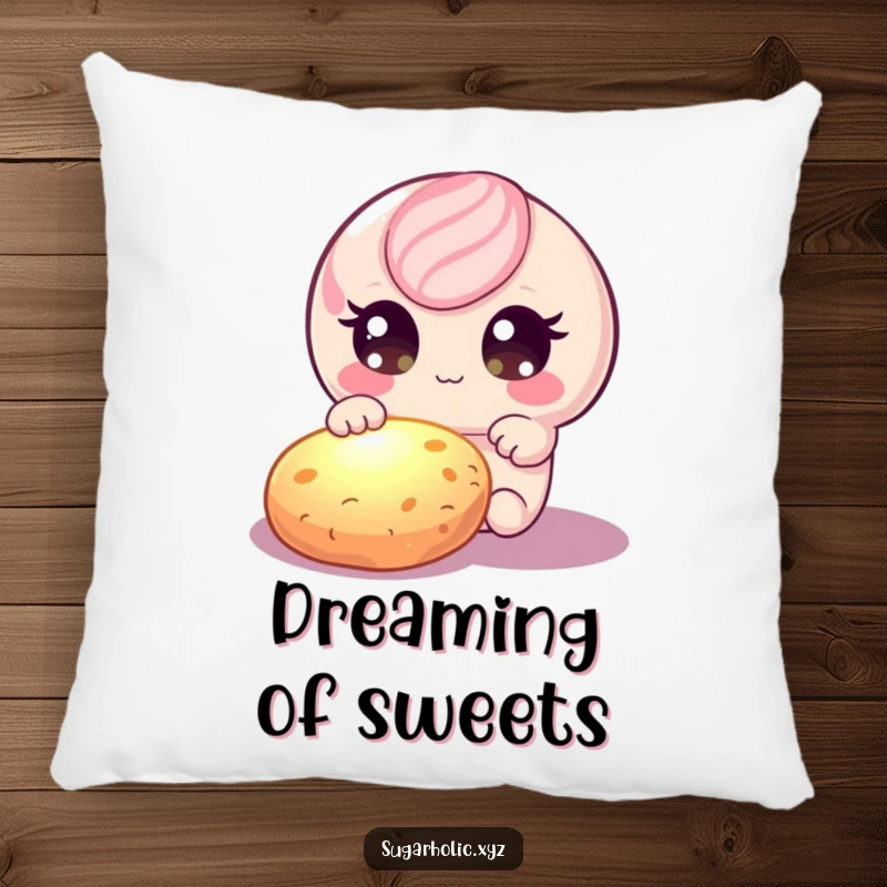 Soft funny candy character with wide, shimmering eyes, reaching for a delicious, glowing cookie, perfect for cuddling.
