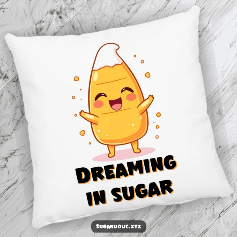 Funny candy corn character laughing uncontrollably, dusted with sugar, designed for a soft and humorous decorative pillow.